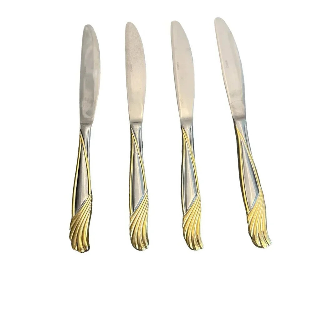 Cambridge Stainless Florentine Set of 4 Solid Butter Knives Silver Gold 8 5/8"